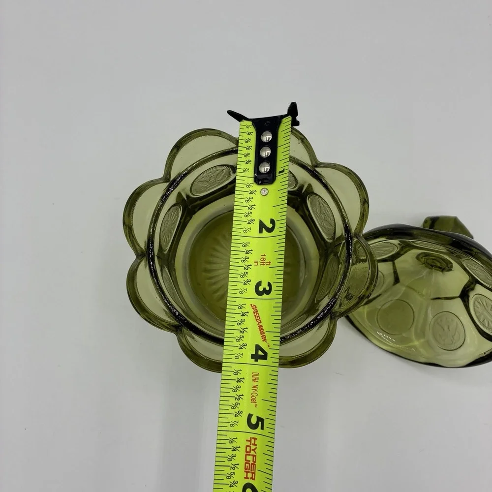 Vintage Fostoria Coin Glass Candy Dish w Lid Avocado Green Eagle 1887 Pedestal
